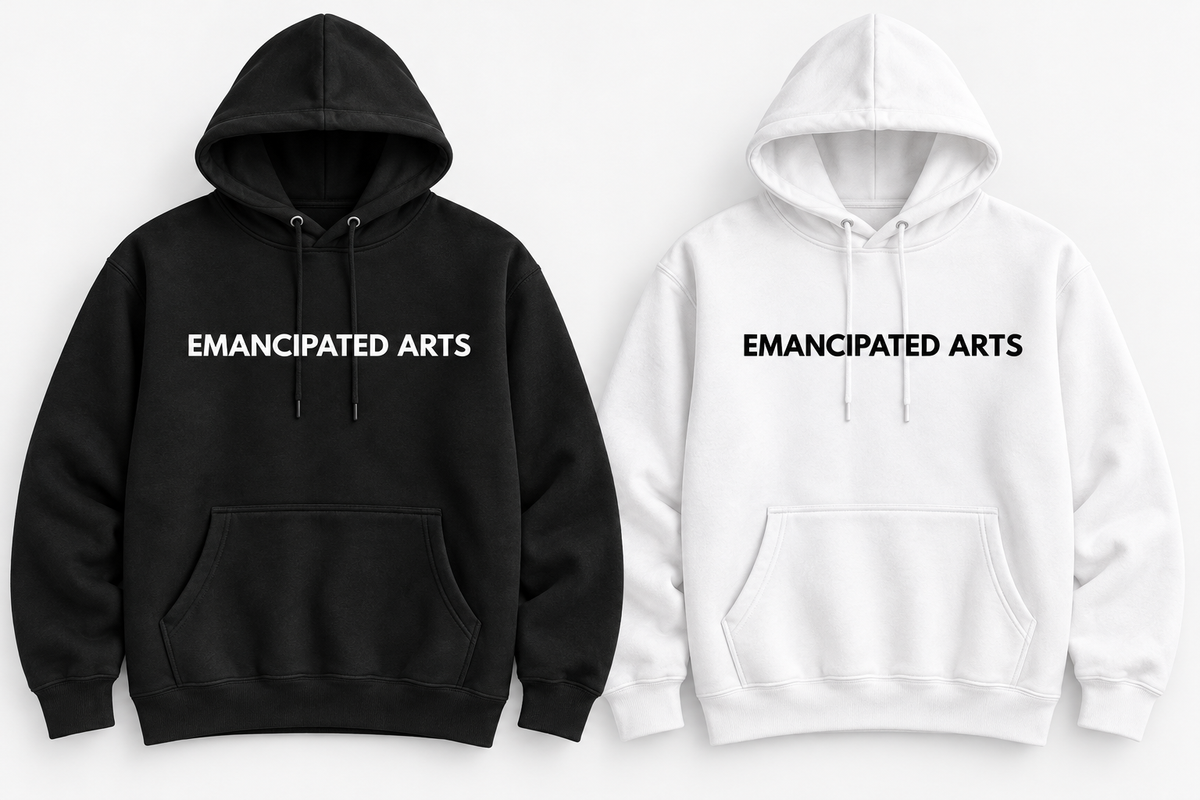 Digital mockups of the Emancipated Arts Signature Hoodie in black with white lettering and white with black lettering